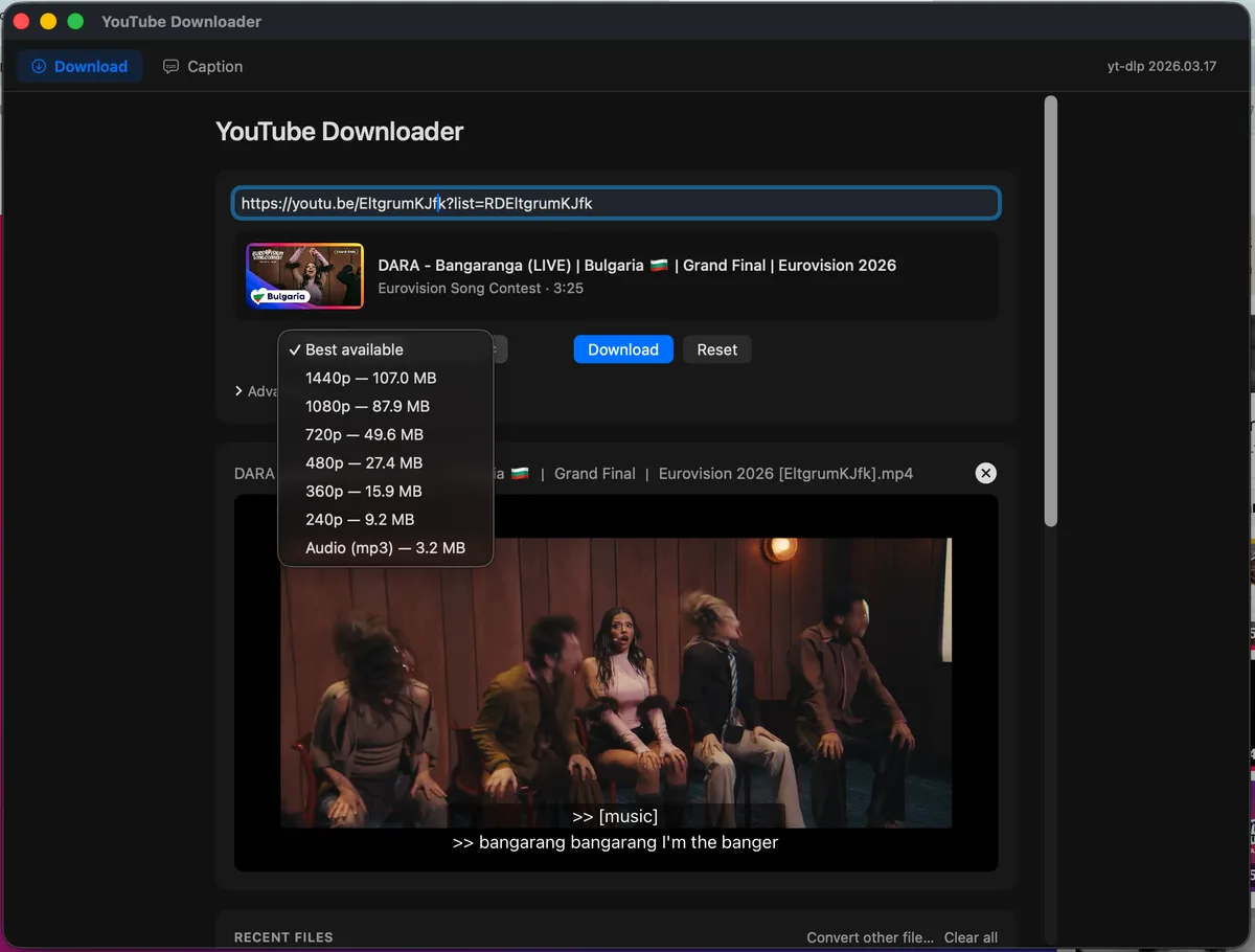 YouTube Downloader macOS app — URL input card with quality picker and file list
